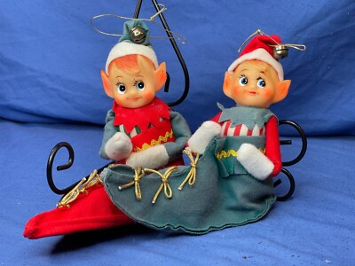 Vintage Sakai Japan Pixie Elf in Felt Elf Shoe Christmas Ornament Set Green Red
