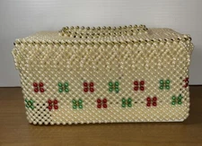 Beaded Tissue Box Holder Vintage Oblong Faux Pearl & Gold Beads Red Green Cover