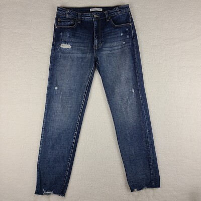 KanCan Jeans Womens 28 Straight Leg Distress Dark Wash Blue