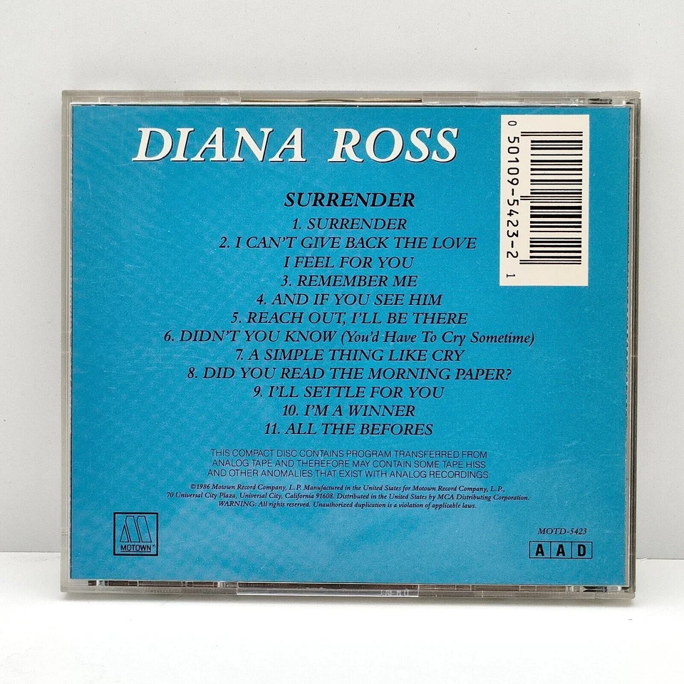 DIANA ROSS : SURRENDER - ALBUM (1971-1986 MOTOWN - MOTD 5423) CD ETAT EX++ - Photo 2/4