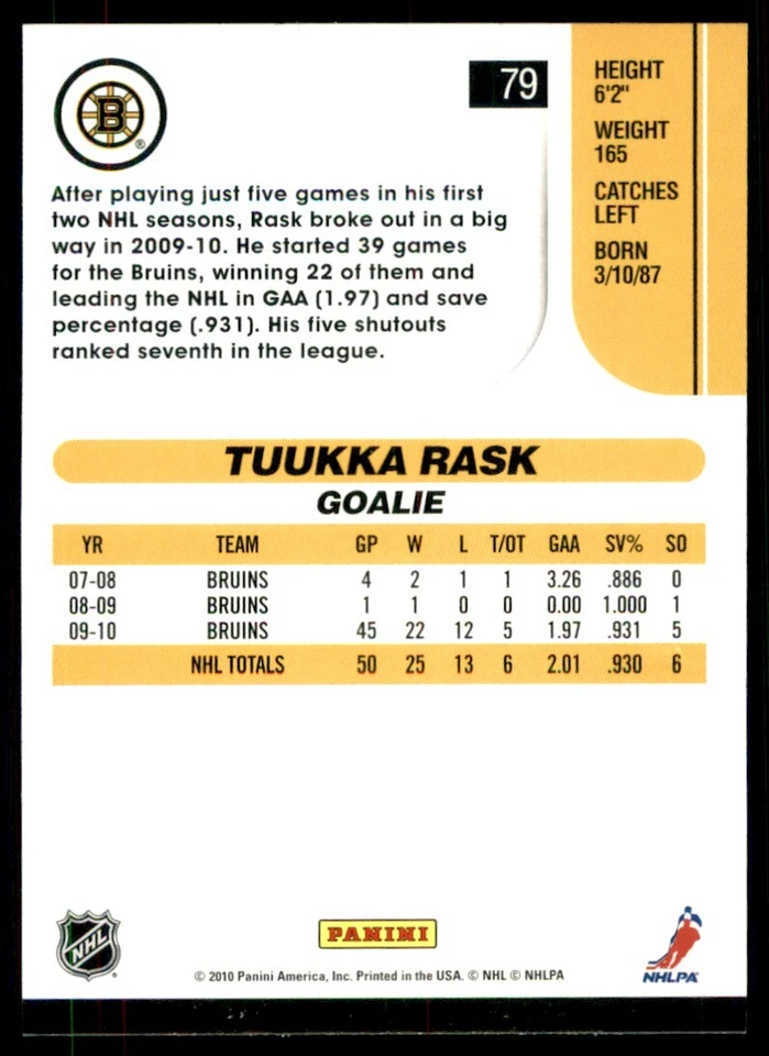 2010-11 Score Tuukka Rask #79 - Image 2 of 2