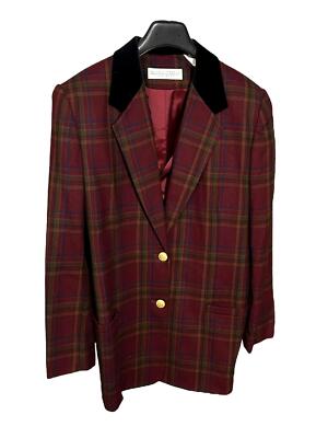 VALERIE STEVENS Womens (14) Pure Wool Burgundy Plaid Blazer Jacket - Lined