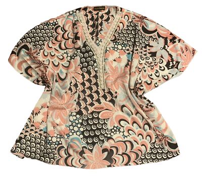 Frank Usher Shell Print Beach Cover Up Floaty Beaded Kaftan Size S/M pink black