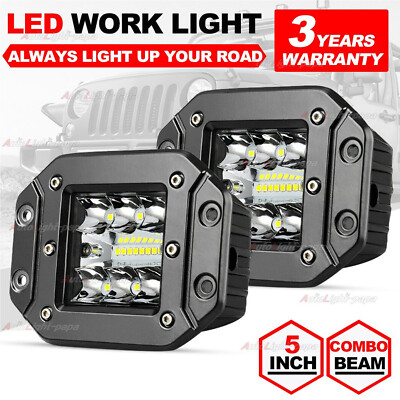 2X 5'' 300W Flush Mount LED Pods Work Light Bar Tri Row Combo Off-Road 4WD Truck