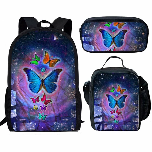 Women's Butterfly Backpack Set, Girls School Backpack with Zipper and Storage Bag