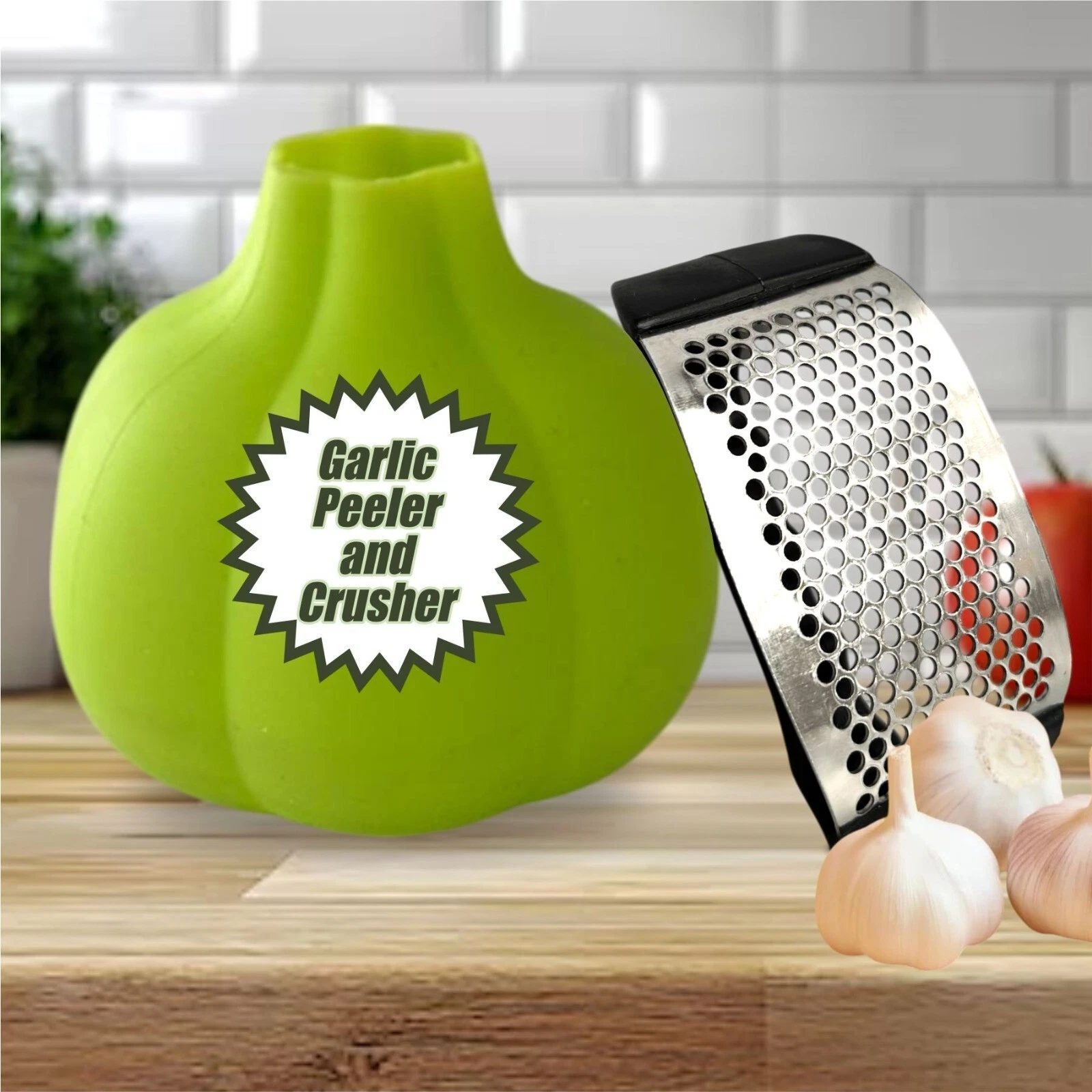 Gift Set (10 sets): Stainless Steel Garlic Crusher + Silicone Garlic Peeler