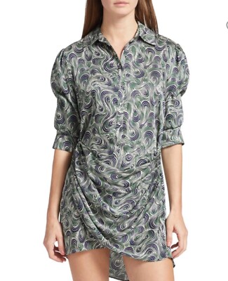 Cinq a Sept Janine Puff Sleeve Green Blue Ivory Print Mini Shirt Dress NWT Sz 14