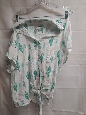 Tipsy Elves Womens White Cactus Print Button Up Short Sleeve 2XL Shirt