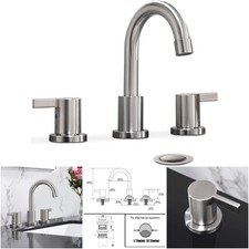 3 Hole 8 Inch Widespread Brushed Nickel Bathroom Faucet With Metal Pop-Up Drain