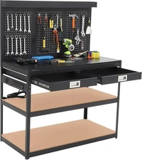 48" Workbench Multipurpose Garage Worktable w/ Pegboard Power Outlets & Drawers