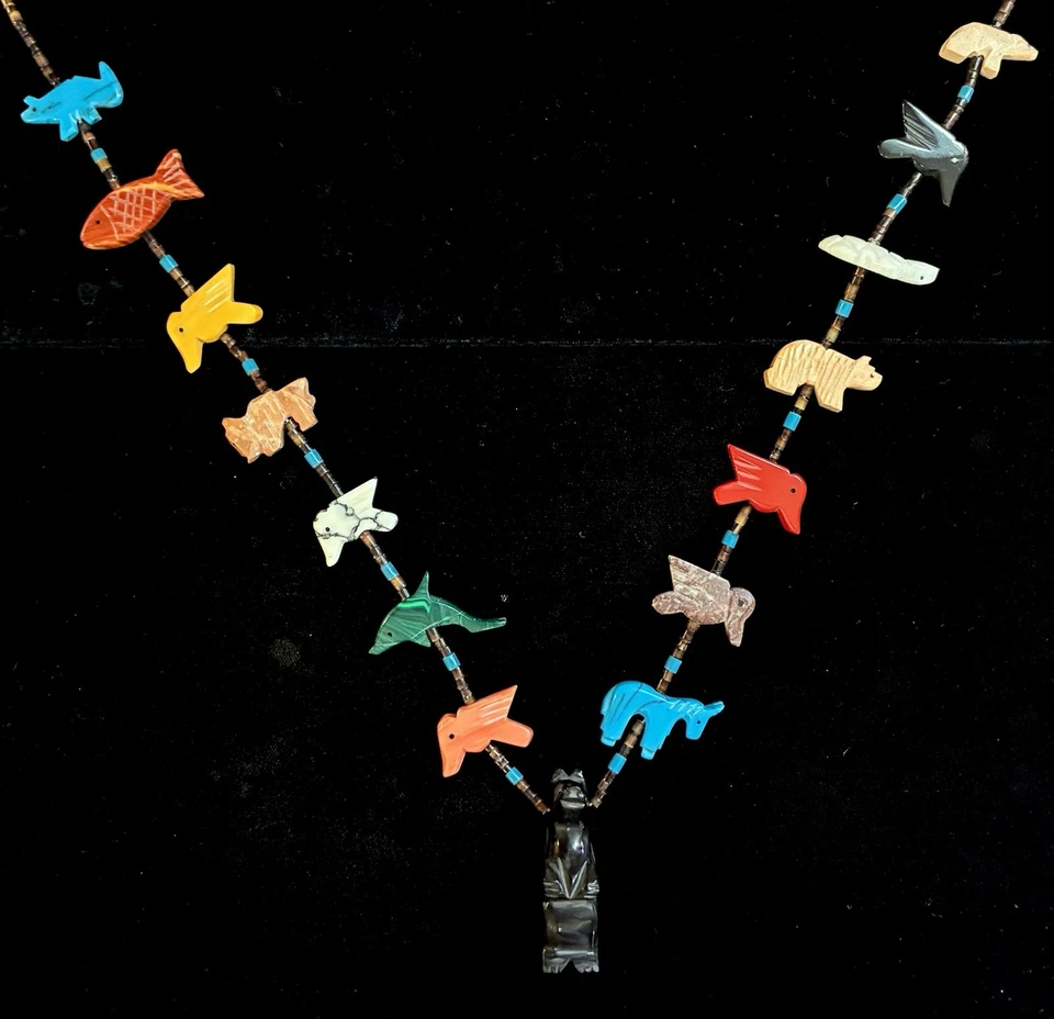 COLLAR FETICHE ANIMAL OSO VINTAGE 15 PIEDRAS PRECIOSAS PLATA TURQUESA SUROESTE Foto 3 de 4