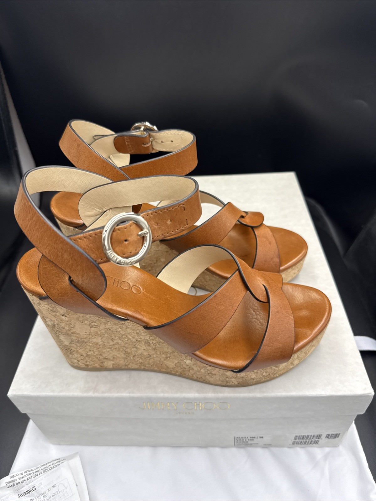 JIMMY CHOO Aleili 100 Tan Wedge Heel Leather Sandals Uk 5 Eu 38 Was £495
