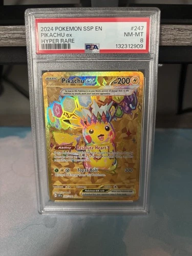 Pokémon TCG Pikachu EX Surging Sparks Holo Hyper Rare Gold 247/191 PSA 8