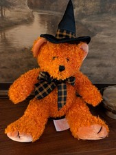 Russ Berrie Halloween Plush Hocus Orange Teddy Bear with Witch Hat