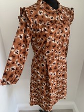 Joanie brown abstract animal print dress long sleeve knee length ruffle vintage