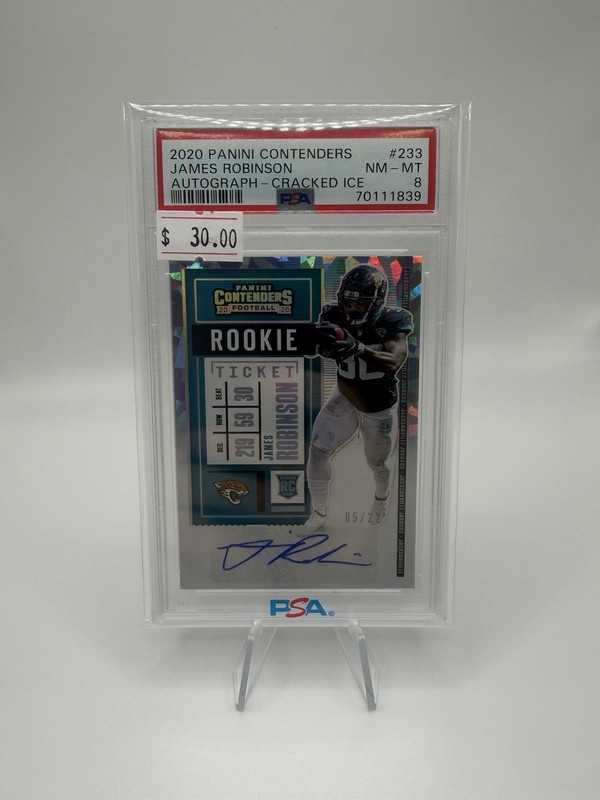 2020 Contenders James Robinson RC Cracked Ice Auto Rookie Ticket #/22 PSA 8
