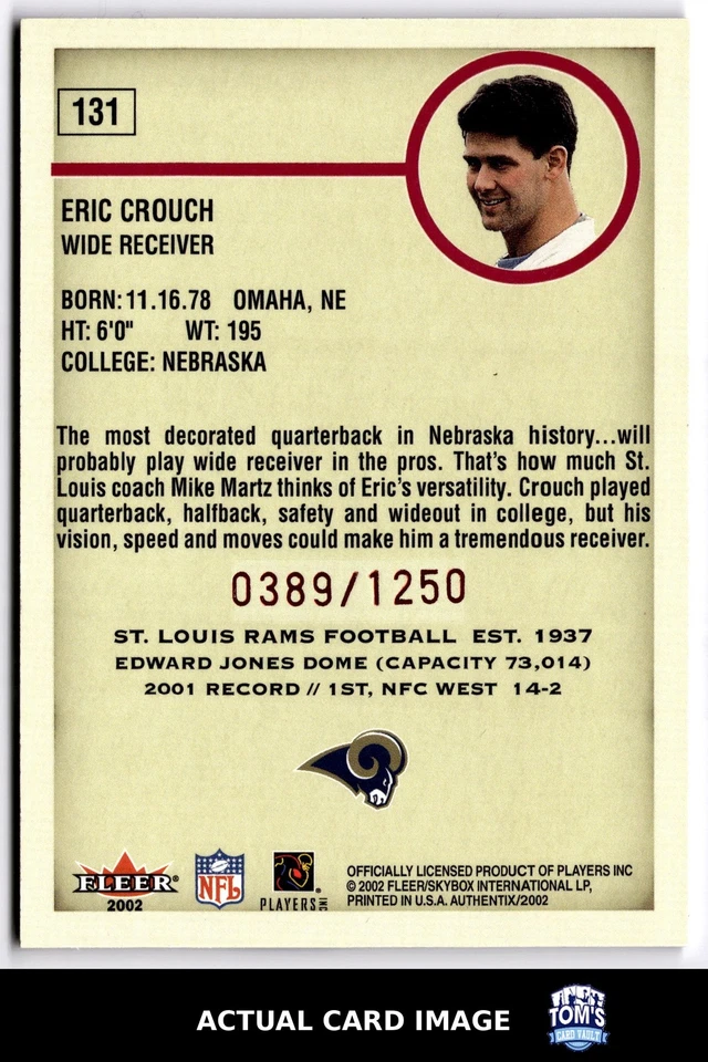 2002 Fleer Authentix #131 ERIC CROUCH St. Louis Rams RC #/1250 NM - Image 2 of 4