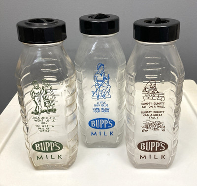 Vintage Samuel Callet Co Bupp's Milk Nursery Rhymes Glass Baby Bottle Lot 8 oz