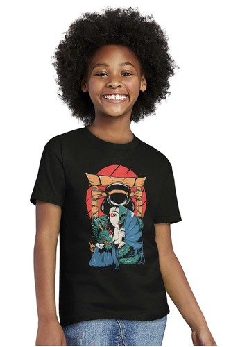 Traditional Geisha Split Face Skull Dragon Youth Crewneck T Shirts Boy or Girl - Picture 5 of 7