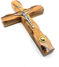 Catholic Cross Crucifix with Holy Land Stone for Wall Christian Olive Wood