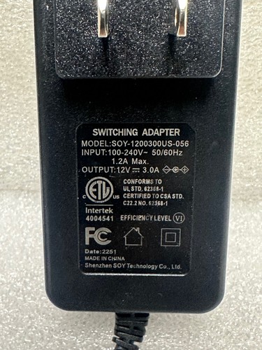 SANSUI Onn Monitor Alimentatore Cavo Adattatore AC SOY-1200300US-056 12V 3A #A4 - Foto 2 di 3