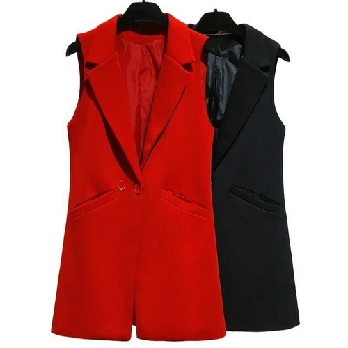 Women Waistcoat Suit Vest Long Sleeveless Blazer Jacket Duster Coat Cardigan - Foto 2 di 15