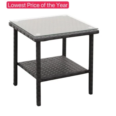 Outdoor PE Wicker Side Table with Glass Top Rattan Patio Table - Black - Image 1 of 4