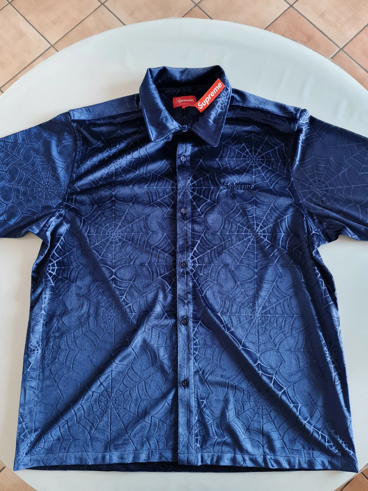 Supreme Spider Web Velvet S/S SHIRT Navy Size XL Soldout Everywhere FW21S29