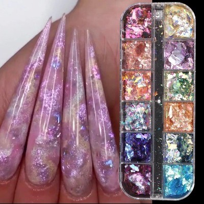 12 Grids Opal Dream Nails Glitter Flakes Iridescent Cloud Sequin Nail UV Gel Set