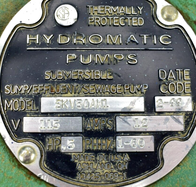 Hydromatic SKV50AW1 Sewage Ejector Pump .5 HP / 115v / 12A eBay