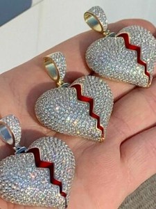 Authentic Solid 925 Silver/ 14k Gold Plated Broken Heart CZ Hip Hop HopHop Icy Heartbroken
