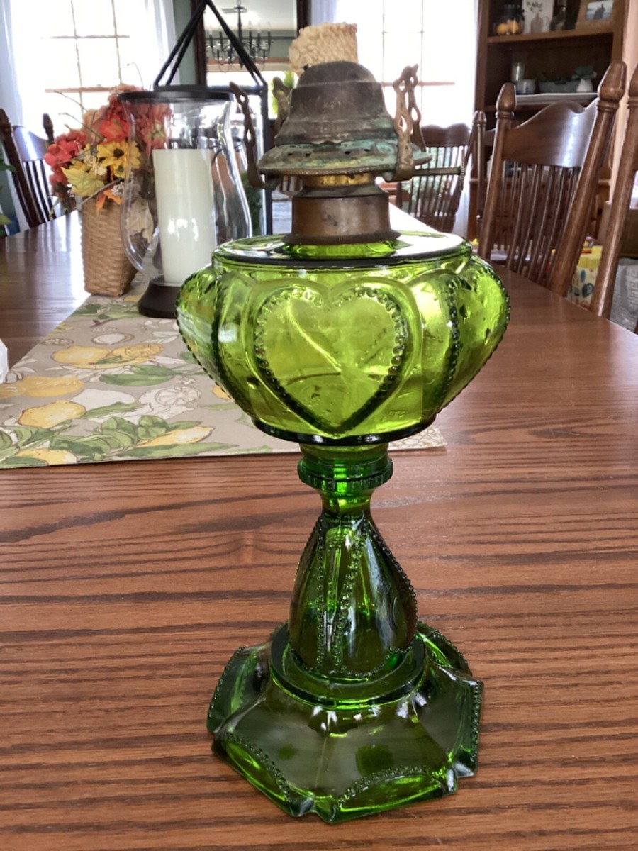 Antique FINDLEY QUEEN HEART Beaded Oil Lamp Green Glass 17” | eBay