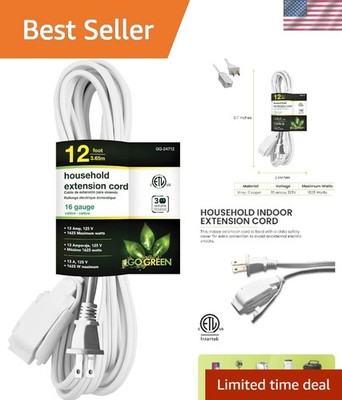 GoGreen Power 12ft Household Extension Cord, 3 Outlets, Child Safe & Heavy Duty