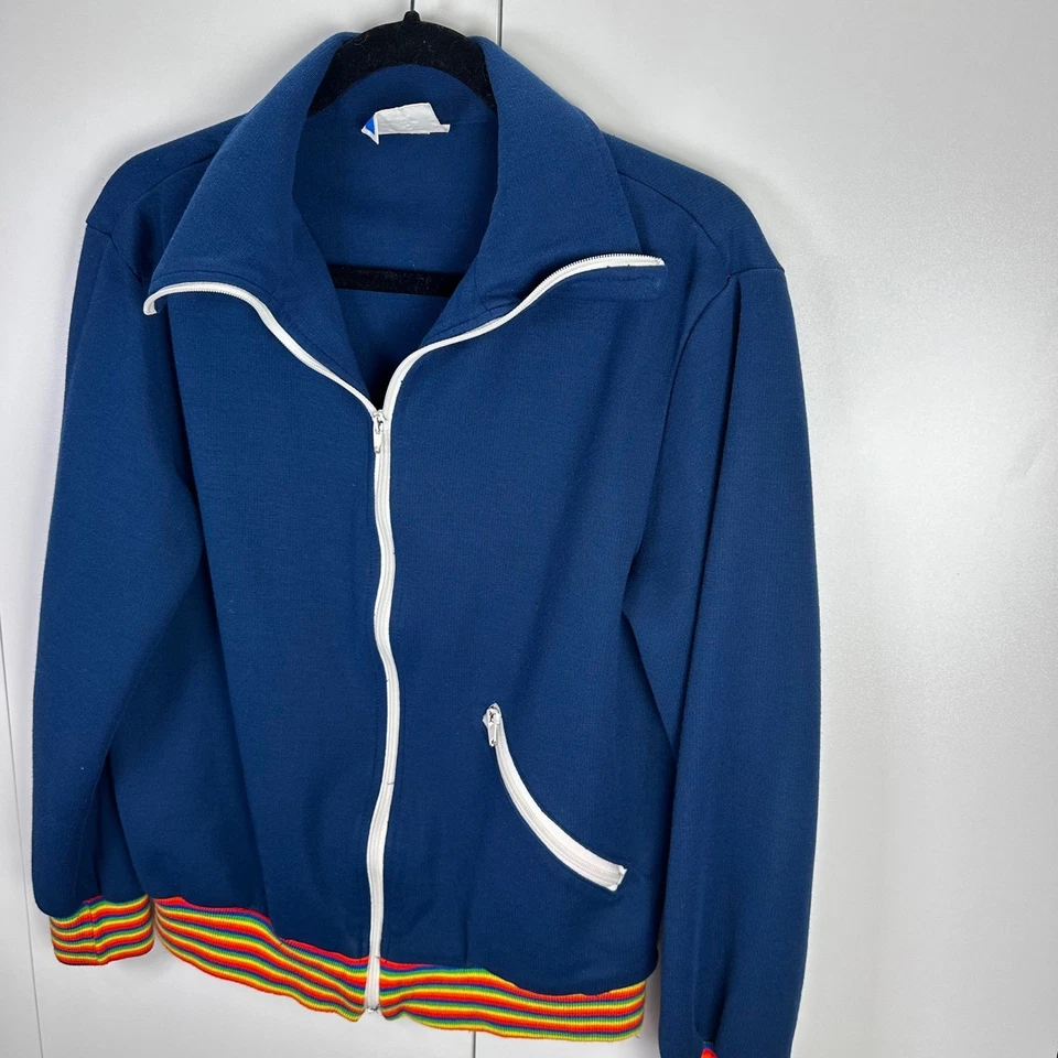 De Colección Blanco Ciervo Med Azul Chaqueta de Pista Arco Iris Rayas Borde Cremallera Frontal Retro Orgullo Foto 3 de 4