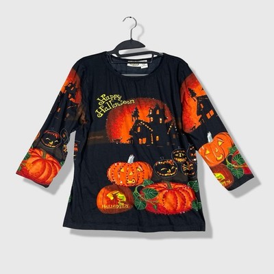 Collections Etc Halloween Shirt Womens M Black Pumpkin Haunted House Holiday