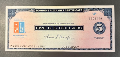 Vintage, 1990 Domino's Pizza girt certificate $5.00..