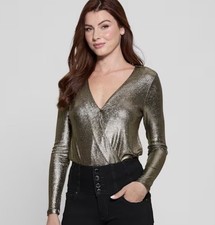 NEW 98 TAG GUESS CHAMPAGNE METALLIC BODYSUIT WOMEN S THONG JOHANNA LUMEX LARGE