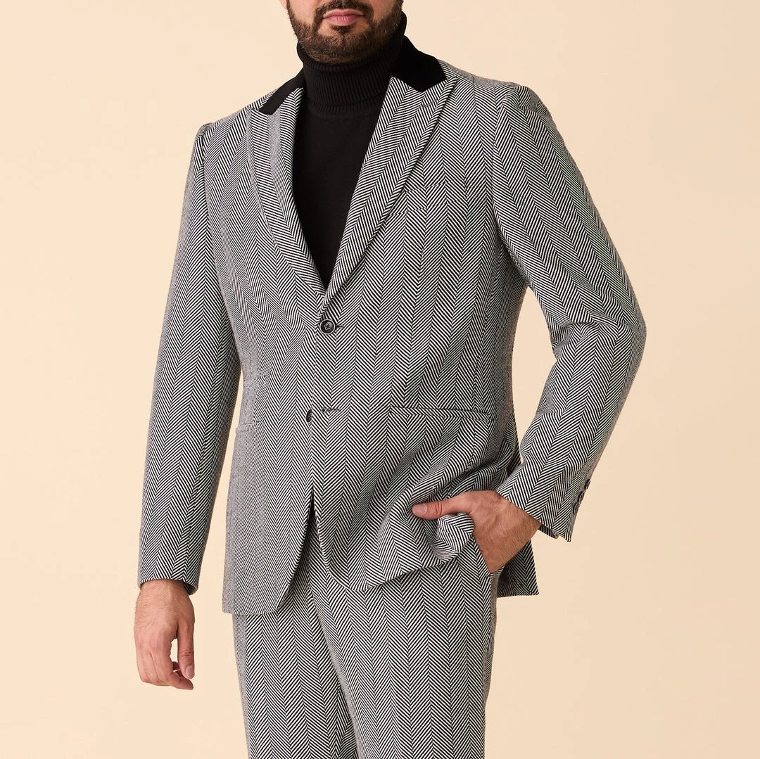 NEW Inserch Mens Herringbone Blazer Jacket Fashion Peak Lapel Wool Black White