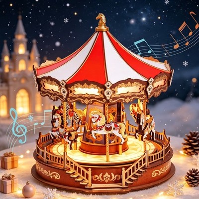 Rolife Wooden 3D Puzzles Carousel Music Box Building Toys DIY with LED Xmas Gift