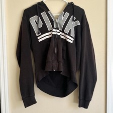 Black Victoria's Secret PINK Zip Up Hoodie Spell Out Size Large Women s- Flaw