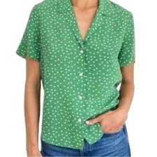 AYR Finn Short-Sleeve Blouse Button-Up Polka Dot Green Silk Blend Size Small