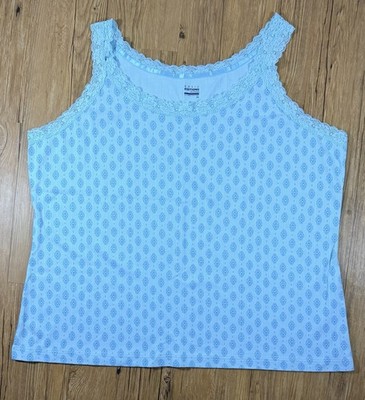 Basic Editions Woman 3X Blue Lace Trim Printed Cotton Tank Top Plus Size