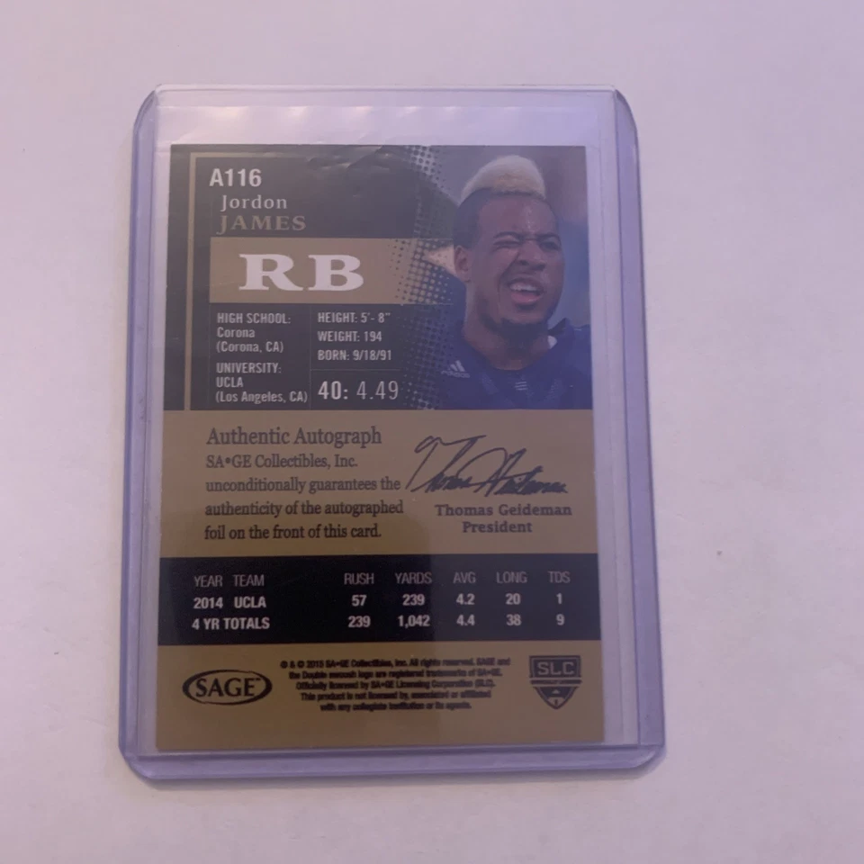 Jordon James 2015 Sage Hit Red #A116 Rookie Auto  - Image 2 of 2