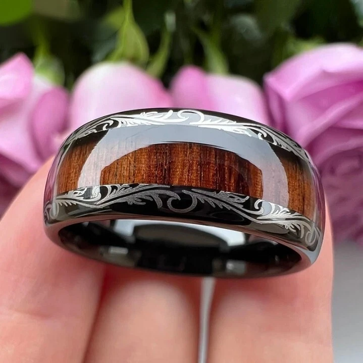 Anillo de carburo de tungsteno pulido cúpula incrustación madera rojo oscuro venas hojas 8 mm Foto 3 de 4