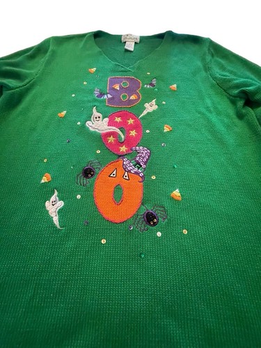Quacker Factory Womens Halloween Sweater Size L Green Boo Spider Ghost V Neck - Bild 9 von 14