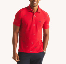 Nautica Men's Classic Fit Moisture Wicking All Over Logo Printed Polo Shirt Red