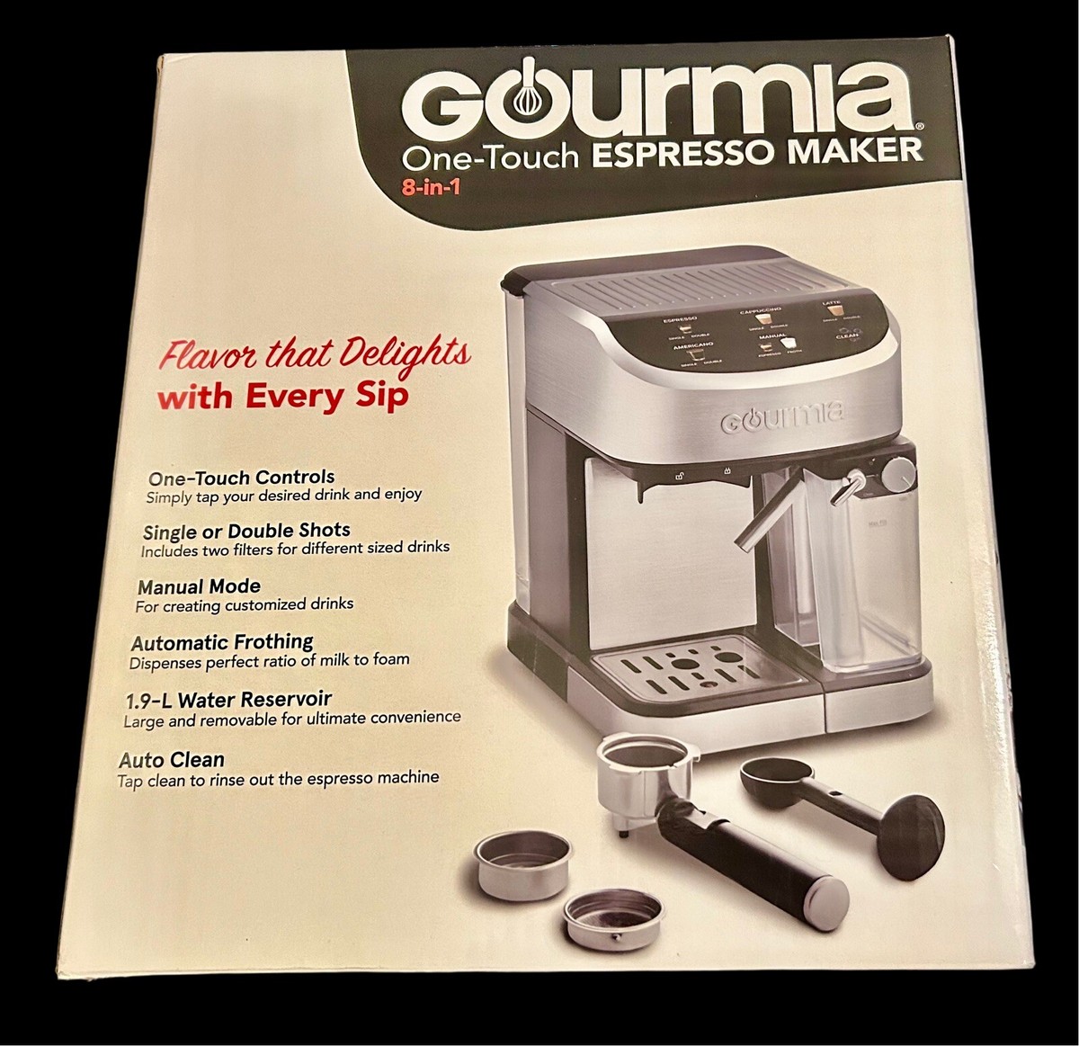 New Gourmia 8-in-1 One-Touch Espresso Maker, Sealed, 15-Bar Pump, Auto  Frothing