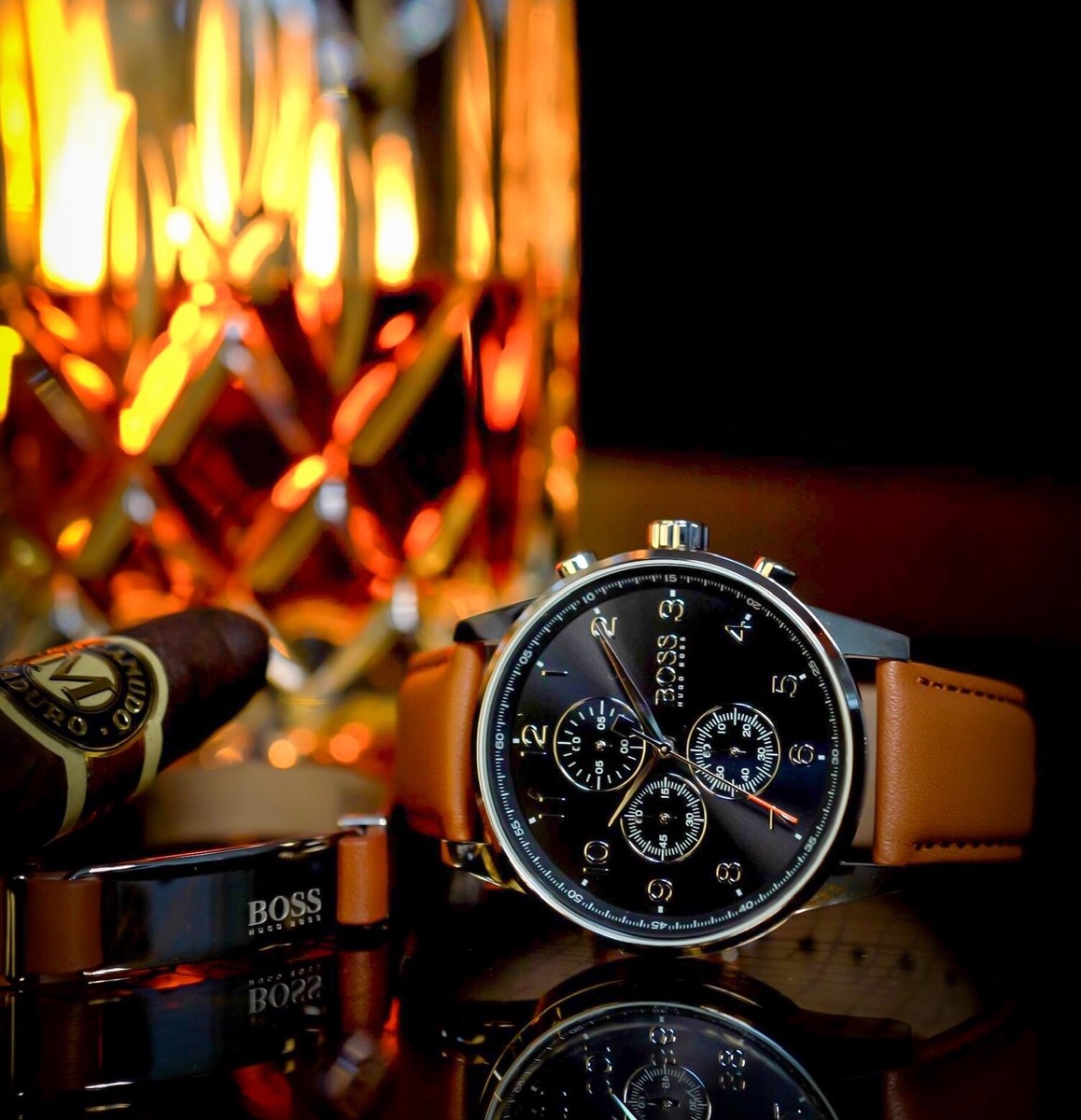 Armbanduhr Boss Skymaster Herren Chronograph Quarz Uhr Leder Braun 