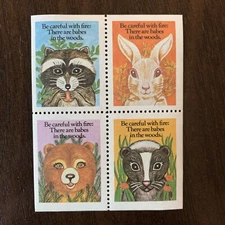 SMOKEY BEAR POSTER STAMP BLOCK BE CAREFUL WITH FIRE THERE ARE BABES IN THE WOODS