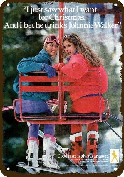 1989 JOHNNIE WALKER & SEXY SKI BUTT Vintage Look DECORATIVE REPLICA METAL SIGN